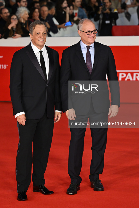 Gabriele Muccino and Roberto Gualtieri attend the ''FINO ALLA FINE'' red carpet during the 19th Rome Film Festival at Auditorium Parco Della...