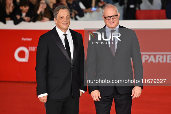 Gabriele Muccino and Roberto Gualtieri attend the ''FINO ALLA FINE'' red carpet during the 19th Rome Film Festival at Auditorium Parco Della...