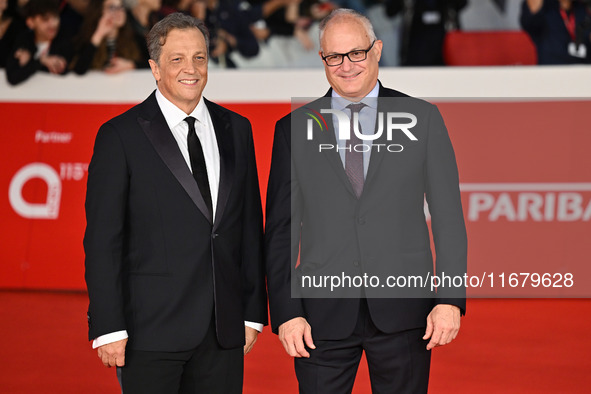 Gabriele Muccino and Roberto Gualtieri attend the ''FINO ALLA FINE'' red carpet during the 19th Rome Film Festival at Auditorium Parco Della...