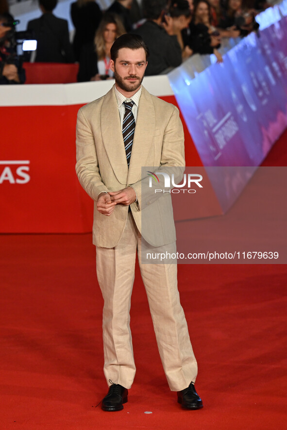 Lorenzo Richelmy and a guest attend the ''FINO ALLA FINE'' red carpet during the 19th Rome Film Festival at Auditorium Parco Della Musica in...