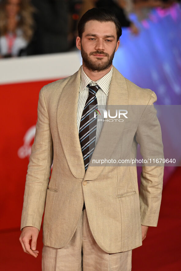 Lorenzo Richelmy and a guest attend the ''FINO ALLA FINE'' red carpet during the 19th Rome Film Festival at Auditorium Parco Della Musica in...