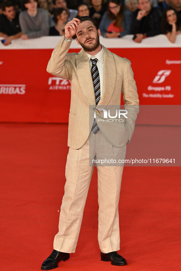 Lorenzo Richelmy and a guest attend the ''FINO ALLA FINE'' red carpet during the 19th Rome Film Festival at Auditorium Parco Della Musica in...