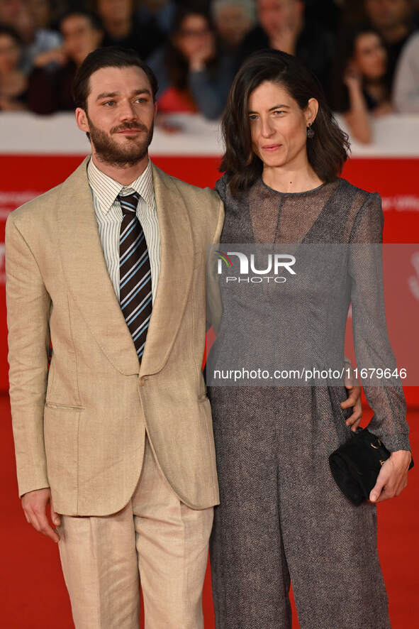 Lorenzo Richelmy and a guest attend the ''FINO ALLA FINE'' red carpet during the 19th Rome Film Festival at Auditorium Parco Della Musica in...