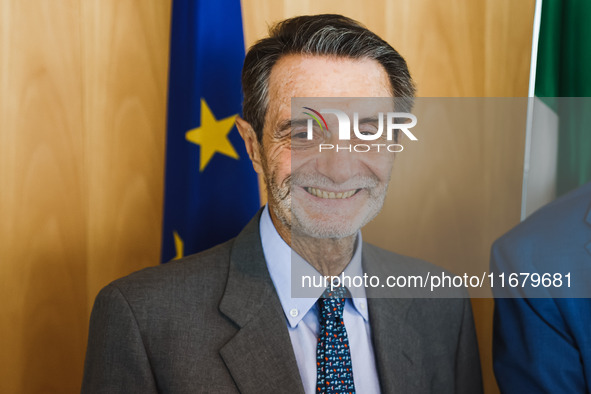 Attilio Fontana attends the signing of the memorandum of understanding between Regione Lombardia and Eni SpA at Palazzo Lombardia in Milan,...