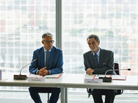 Attilio Fontana and Giuseppe Ricci attend the signing of the memorandum of understanding between Regione Lombardia and Eni SpA at Palazzo Lo...