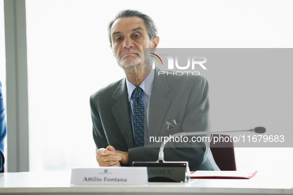 Attilio Fontana attends the signing of the memorandum of understanding between Regione Lombardia and Eni SpA at Palazzo Lombardia in Milan,...