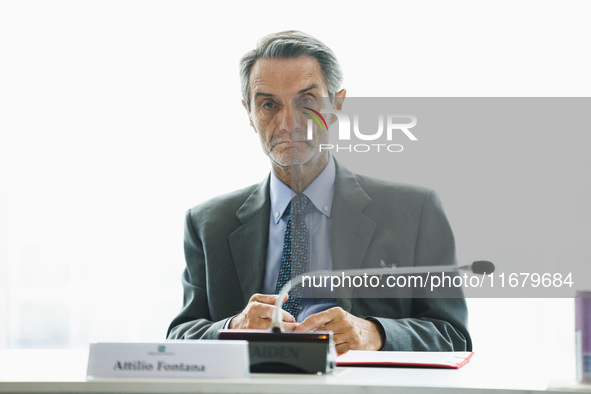 Attilio Fontana attends the signing of the memorandum of understanding between Regione Lombardia and Eni SpA at Palazzo Lombardia in Milan,...