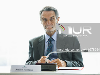 Attilio Fontana attends the signing of the memorandum of understanding between Regione Lombardia and Eni SpA at Palazzo Lombardia in Milan,...