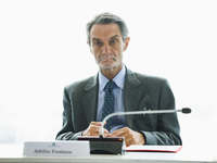 Attilio Fontana attends the signing of the memorandum of understanding between Regione Lombardia and Eni SpA at Palazzo Lombardia in Milan,...