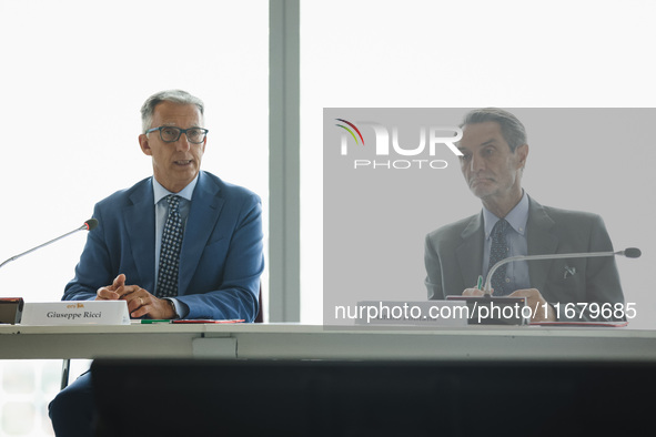 Attilio Fontana and Giuseppe Ricci attend the signing of the memorandum of understanding between Regione Lombardia and Eni SpA at Palazzo Lo...