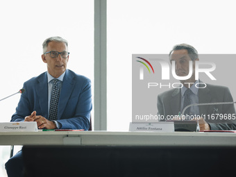 Attilio Fontana and Giuseppe Ricci attend the signing of the memorandum of understanding between Regione Lombardia and Eni SpA at Palazzo Lo...