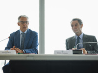 Attilio Fontana and Giuseppe Ricci attend the signing of the memorandum of understanding between Regione Lombardia and Eni SpA at Palazzo Lo...