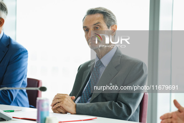 Attilio Fontana attends the signing of the memorandum of understanding between Regione Lombardia and Eni SpA at Palazzo Lombardia in Milan,...