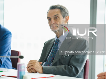 Attilio Fontana attends the signing of the memorandum of understanding between Regione Lombardia and Eni SpA at Palazzo Lombardia in Milan,...