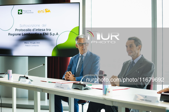 Attilio Fontana and Giuseppe Ricci attend the signing of the memorandum of understanding between Regione Lombardia and Eni SpA at Palazzo Lo...