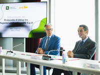 Attilio Fontana and Giuseppe Ricci attend the signing of the memorandum of understanding between Regione Lombardia and Eni SpA at Palazzo Lo...