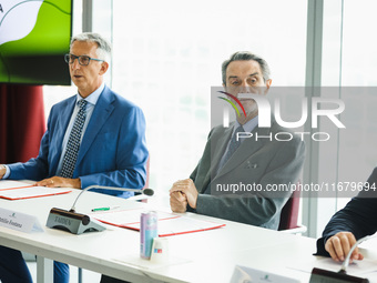 Attilio Fontana and Giuseppe Ricci attend the signing of the memorandum of understanding between Regione Lombardia and Eni SpA at Palazzo Lo...