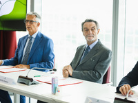 Attilio Fontana and Giuseppe Ricci attend the signing of the memorandum of understanding between Regione Lombardia and Eni SpA at Palazzo Lo...