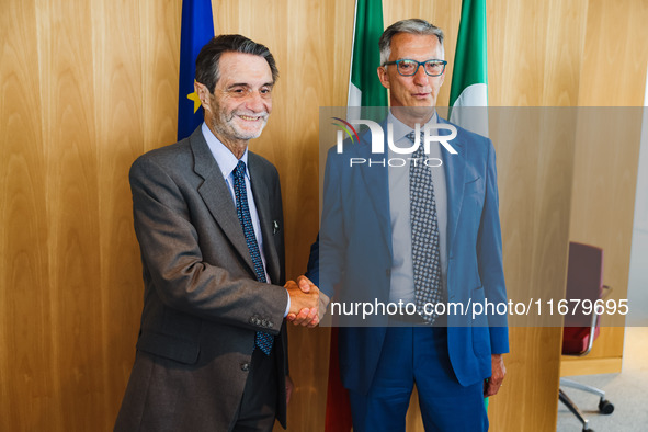 Attilio Fontana and Giuseppe Ricci attend the signing of the memorandum of understanding between Regione Lombardia and Eni SpA at Palazzo Lo...