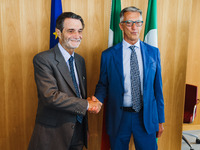 Attilio Fontana and Giuseppe Ricci attend the signing of the memorandum of understanding between Regione Lombardia and Eni SpA at Palazzo Lo...