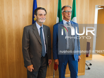 Attilio Fontana and Giuseppe Ricci attend the signing of the memorandum of understanding between Regione Lombardia and Eni SpA at Palazzo Lo...