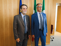 Attilio Fontana and Giuseppe Ricci attend the signing of the memorandum of understanding between Regione Lombardia and Eni SpA at Palazzo Lo...