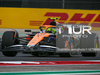 Lando Norris of the UK drives the McLaren F1 Team MCL38 Mercedes during the Formula 1 Pirelli United States Grand Prix 2024 in Austin, USA,...