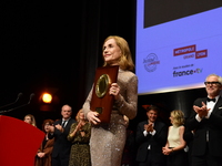 Isabelle Huppert at the light festival award ceremony in Lyon, France, on October 19, 2024. (