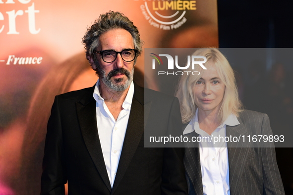 Emmanuelle Beart and Frederic Chaudier at the light festival award ceremony in Lyon, France, on October 19, 2024. 