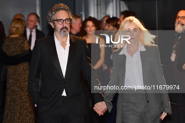 Emmanuelle Beart and Frederic Chaudier at the light festival award ceremony in Lyon, France, on October 19, 2024. 