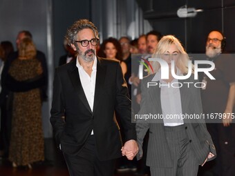 Emmanuelle Beart and Frederic Chaudier at the light festival award ceremony in Lyon, France, on October 19, 2024. (