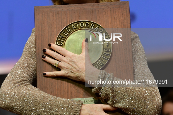 Isabelle Huppert at the light festival award ceremony in Lyon, France, on October 19, 2024. 