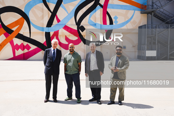 Pirelli CEO Marco Tronchetti Provera and eL Seed attend the press presentation of the mural Waves Only Exist Because the Wind Blows by eL Se...