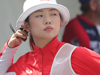 Yang Xialoei of China participates in the practice session before the competition against Alejandra Valencia of Mexico (not in picture) on t...