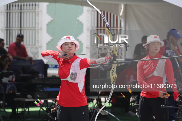 Li Jiaman and Yang Xialoei of China participate in the practice session before the competition on the first day of the Tlaxcala 2024 Archery...