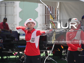 Li Jiaman and Yang Xialoei of China participate in the practice session before the competition on the first day of the Tlaxcala 2024 Archery...