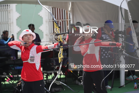 Li Jiaman and Yang Xialoei of China participate in the practice session before the competition on the first day of the Tlaxcala 2024 Archery...