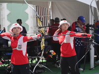 Li Jiaman and Yang Xialoei of China participate in the practice session before the competition on the first day of the Tlaxcala 2024 Archery...