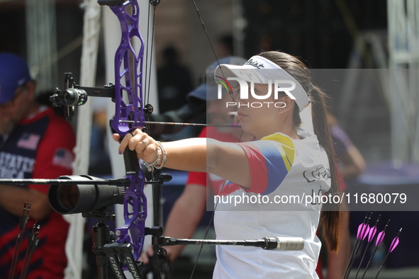 Sara Lopez of Colombia participates in the practice session before the competition against Ella Gibson of Great Britain (not in picture) on...