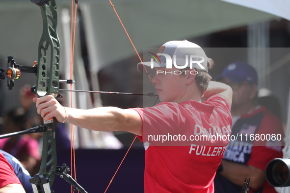 Mathias Fullerton of Denmark participates in the practice session before the competition against Mike Schloesser of the Netherlands (not in...