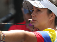 Sara Lopez of Colombia participates in the practice session before the competition against Ella Gibson of Great Britain (not in picture) on...