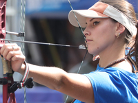 Elisa Roner of Italy participates in the practice session before the competition against Alexis Ruiz of the United States (not in picture) o...