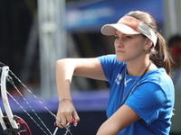 Elisa Roner of Italy participates in the practice session before the competition against Alexis Ruiz of the United States (not in picture) o...