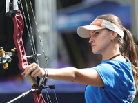 Elisa Roner of Italy participates in the practice session before the competition against Alexis Ruiz of the United States (not in picture) o...