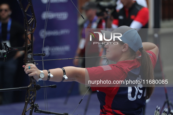 Alexis Ruiz of the United States participates in the practice session before the competition against Elisa Roner of Italy (not in picture) o...