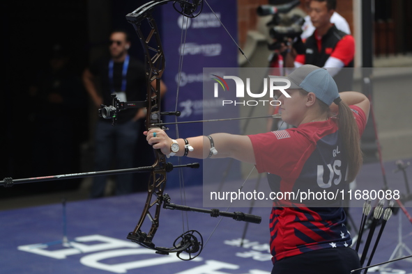 Alexis Ruiz of the United States participates in the practice session before the competition against Elisa Roner of Italy (not in picture) o...