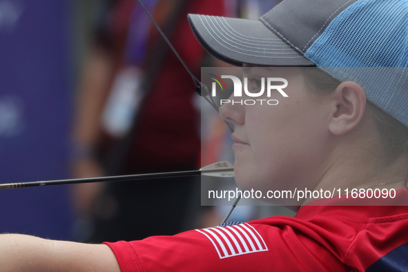 Alexis Ruiz of the United States participates in the practice session before the competition against Elisa Roner of Italy (not in picture) o...