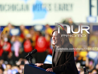 Waterford, MICHIGAN - OCTOBER 18: US Vice President and Democratic presidential candidate Kamala Harris speaks at the Oakland County campaig...