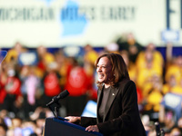 Waterford, MICHIGAN - OCTOBER 18: US Vice President and Democratic presidential candidate Kamala Harris speaks at the Oakland County campaig...