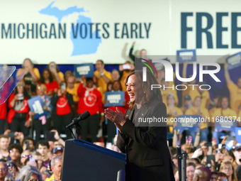 Waterford, MICHIGAN - OCTOBER 18: US Vice President and Democratic presidential candidate Kamala Harris speaks at the Oakland County campaig...